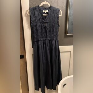 Smocked Sleeveless Midi Dress in Navy